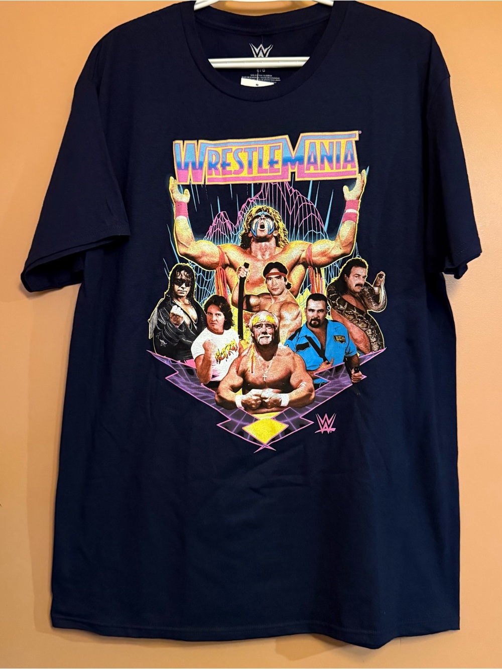 WWE WrestleMania Men’s Large Navy Graphic Tee Hulk Hogan Wrestling Legends NWT